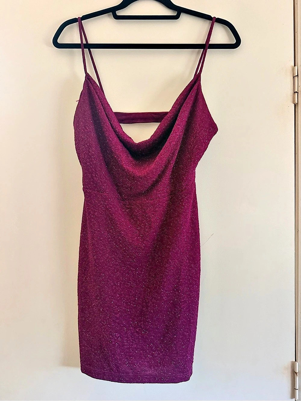 Windsor Glitter Cowl Neck Mini Dress in Purple
